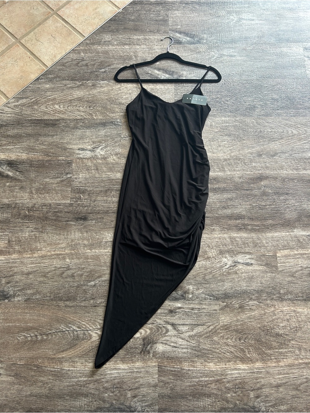 Black Asymmetric Slip Dress with Side Ruched Detail